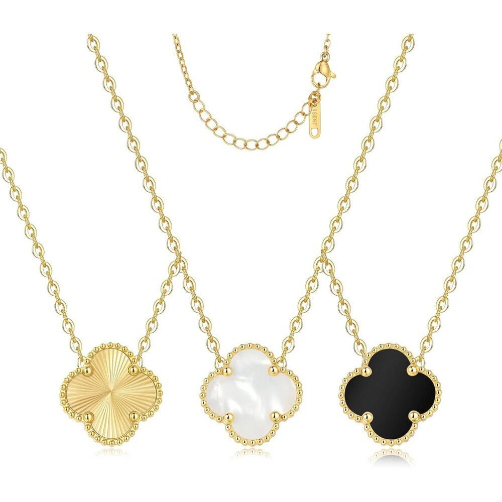 Real 18K Gold Plated Dainty Lucky Clover Pendant Necklaces Set for Women, Adjust